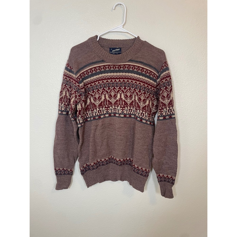 Puritan Vintage Fair Isle Sweater Mens Small Mauve Burgundy Made in USA Crewneck